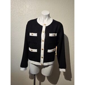 Anthropologie Black White Contrast Tweed Jacket Gold Buttons Small NEW